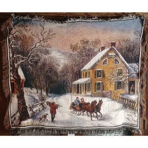 Crown Crafts Farmhouse Carriage Winter Scene Blanket Throw Horses Cottage Dog